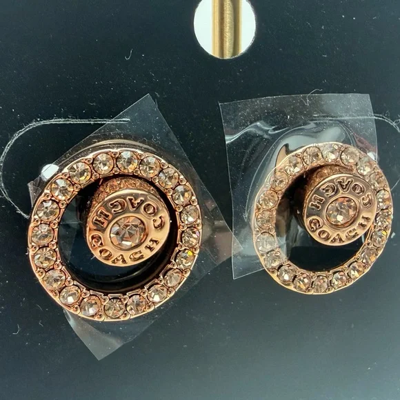 Coach Rose Gold Logo Crystal Hoop Stud Earrings - Picture 2 of 4